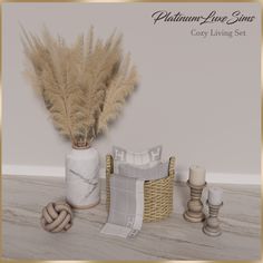 a vase with some dried grass in it next to other items on the floor and wall