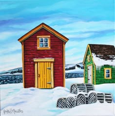 a painting of two houses in the snow with barrels on the ground and one red building