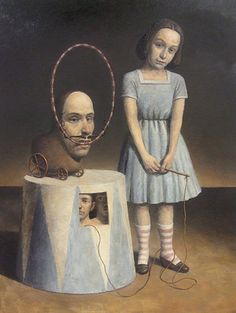 a painting of a man and woman standing next to each other, one with a wire in his mouth