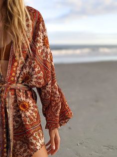 The Kimono Romper | Post Surf Collective Festival Boho Print Beachwear Kimono, Hippie Printed Beach Kimono, Bohemian Kimono With Block Print, Bohemian Printed Kimono For Beach Cover-up, Beach V-neck Kimono With Boho Print, Golden Days, Recycled Fabric, Colourful Fabrics, Kimono Top