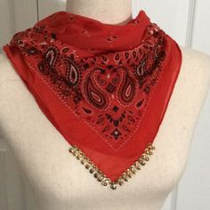 Madden Red Paisley Bandana 100% Polyester 20 Inches Long Brass Trimming Front Of Bandana See Picture This Would Need To Be Hand Wash Red Bandana Headband, Adjustable Red Bandana, Red Bohemian Bandana For Summer, Casual Red Bandana For Festivals, Red Bandana For Festivals, Pirate Oc, Brown Bandana, Hot Pink Zebra Print, Red Mary Janes