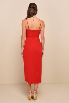 Crafted from sleek rust red woven fabric, this stunning cocktail dress is sure to garner attention wherever you go! Stretch crepe knit shapes slender spaghetti straps that have an adjustable fit and support a figure-enhancing princess-seamed bodice. High waist tops a pleated overlapped midi skirt that lends a curve-enhancing faux wrap silhouette. Slight high-low hem adds an elegant finish. Hidden back zipper/clasp. Fit: This garment fits true to size. Length: Knee to mid-calf length. Size medium Red Midi Length Slip Dress For Formal Occasions, Red Midi Dress With Spaghetti Straps For Date Night, Red Spaghetti Strap Midi Dress For Date Night, Red Midi Dress With Spaghetti Straps For Formal Occasions, Red Spaghetti Strap Midi Dress For Formal Occasions, Red Midi Dress With Straight Neckline For Date Night, Red Chic Midi Dress With Spaghetti Straps, Faux Wrap Skirt, Red Midi