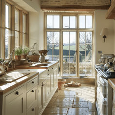 a large kitchen with lots of counter space and open doors leading to an outside patio