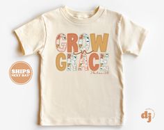 "** NOT a REAL embroidery patch.  This is a \"PRINTED\" faux embroidery design printed onto shirts via Digital Heat Transfer technology ** Safe to wash in the washing machine (recommend to wash inside out and low heat dry) Christian Kids Shirt - Grow in Grace Faux Embroidery Toddler Shirt - Cute Natural Infant, Toddler & Youth Tee #6383 All of the shirts and bodysuits at our shop are CPSIA compliant. We only use Eco-friendly, water-based inks that are also CPSIA compliant and boasts strong washability (highest score on AATCC wash test).  So rest assure to put them on your little ones!  ** COLOR OF T-SHIRTS WILL VARY SLIGHTLY DUE TO LIGHTING AND/OR MONITOR SETTINGS ** DETAILS OF BABY BODYSUITS & T-SHIRTS MAY VARY SLIGHTLY FROM PRODUCT PHOTOS BASED ON AVAILABLE INVENTORY HOW TO ORDER: Please Christian Kids Shirts, Faux Embroidery, Christian Shirts Designs, Modesty Outfits, Grow In Grace, Faith Clothing, Christian Kids, Embroidery Patch, Jesus Shirts