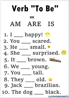 the verb to be worksheet is shown in black and white with yellow stars