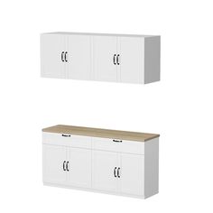 two white cabinets with doors and drawers