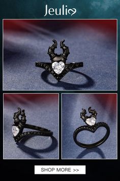 We all get that dark feeling, especially when we're hardened by life. Take inspiration from a fairy tale story and find the courage inside you to rise above adversity. Let this glorious ring serve as a reminder for you to unleash your inner hero. This ring is fashioned in sterling silver with black plating. The center part is a heart cut white stone with two evil horns. Your look isn't complete without this fabulous ring. Gothic Black Promise Jewelry, Symbolic Black Wedding Jewelry, Symbolic Black Jewelry For Wedding, Black Heart Ring For Valentine's Day, Gothic Heart-shaped Wedding Jewelry, Gothic Heart-shaped Anniversary Jewelry, Symbolic Black Promise Ring, Symbolic Black Promise Ring Jewelry, Symbolic Black Jewelry For Promise