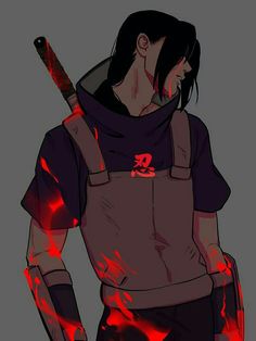 an anime character holding a knife with red paint all over his body and arms,