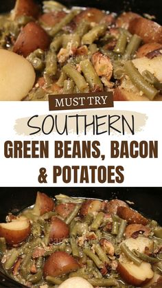 green beans, bacon and potatoes in a skillet with the title text overlay