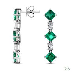 These elegant emerald dangling earrings are expertly crafted with high-quality materials. The vivid green color of the emeralds is enhanced by the careful placement and design, making these earrings the perfect accessory for any formal occasion. Elevate your style with these sophisticated earrings, sure to make a statement. White Gold Emerald Dangle Earrings, Fine Jewelry Hand-set Green Earrings, Luxury White Gold Emerald Earrings, Multi-stone Emerald Earrings For Gift, Green Emerald Multi-stone Earrings, Stackable Engagement Ring, Tennis Necklace, Dainty Earrings, Antique Rings