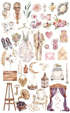 watercolor illustration of various items and things to wear for a wedding or special occasion