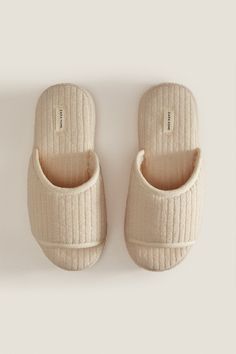 OPEN TERRYCLOTH SLIPPERS - White | ZARA United States Comfortable Slip-on Slippers With Soft Texture, Cream Comfy Indoor Slippers, Comfy Cream Indoor Slippers, Cream Textured Slip-on Slippers, Comfortable Open Toe Slippers With Textured Sole, Cream Slip-on Slippers For Indoor Use, Cream Slip-on Indoor Slippers, Beige Cushioned Slippers For Indoor Use, Soft Texture Indoor Slippers With Round Toe