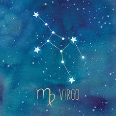 the zodiac sign virgo on a blue watercolor background with white stars in the sky