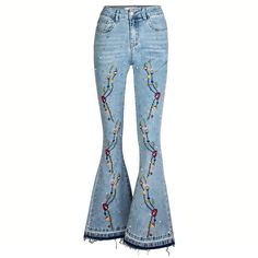 WickedAF Clemenza Flare Jeans Short Skirts Outfits, Kimono Outerwear, Jeans Embroidered, Denim Pattern, Visible Mending, Jean Large, Denim Patterns, Cute Jeans, Intricate Embroidery