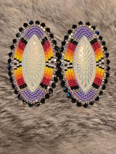 Native American handmade. Earrings are 3 inches long edged with high quality Swarovski crystals.  Finger nail posts and leather used for backing. Earrings come with a box and a free gift as a thank you for supporting my small business Cab Earrings, Native American Beadwork Earrings, Beaded Earrings Native, Beadwork Designs, Beadwork Patterns, Bead Ideas, Beaded Jewelry Patterns, Beading Projects