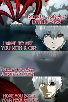 two anime characters, one with red eyes and the other with white hair text reads twinkle twinkle little star i want to hit you with a car