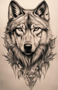 a drawing of a wolf's head with leaves on it