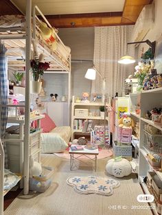 a room filled with lots of furniture and shelves next to a wall covered in stuffed animals