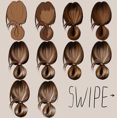 several different styles of ponytails with the words swipe above them