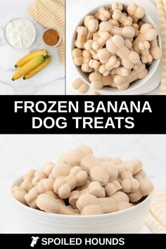 the ingredients for frozen banana dog treats are shown in three different bowls and on top of each other