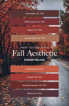 the fall color palette is shown in shades of red, orange and brown with text that reads