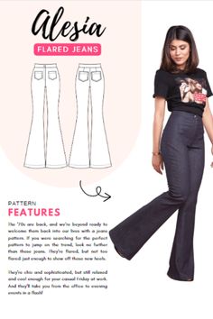 an advertisement for flare jeans with the image of a woman in black top and pants