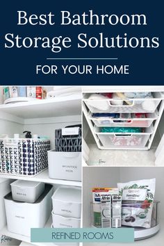 collage of bathroom storage solutions. Organizing Apps, Bathroom Organization Shelves, Organizing Drawers, Bathroom Sink Organization