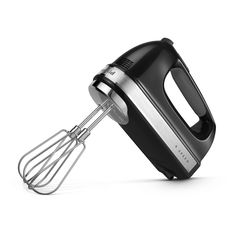 a black and silver hand mixer on a white background with the whisk attachment