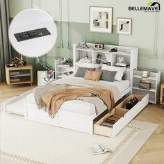 a white bed with drawers underneath it