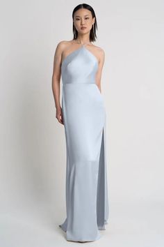 Summer by Jenny Yoo | Shop Online Now Elegant Formal Backless Dress With Strappy Back, Sleek Tie-back Dress, Fitted Satin Maxi Dress With Back Zipper, Elegant Formal Dress With Strappy Back, Fitted Satin Dress With Tie Back For Prom, Elegant Evening Satin Dress With Strappy Back, Elegant Halter Neck Satin Evening Dress, Fitted Backless Dress With Side Slits For Formal Events, Fitted Backless Dress With Side Slits For Formal Occasions