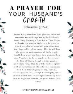 a prayer for your husband's growth with flowers and leaves on the bottom corner