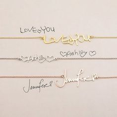 This handwriting necklace makes a unique and memorable to gift to give or gift yourself. The necklace is made by taking the actual handwritting of someone special and making it into a lasting memory. We can create a necklace out of a person's signature, short message like "i love you" or even how they write your name. Every penmenship is unique, so having their writing style close to you can always may remind you of the fond memories you share. This necklace makes a great gift for someone who ju Personalized White Charm Necklaces For Valentine's Day, Personalized White Charm Necklace For Valentine's Day, Valentine's Day Personalized White Charm Necklace, Customized White Name Necklace For Valentine's Day, White Nameplate Necklace For Valentine's Day, White Jewelry With Names For Valentine's Day, White Name Necklaces For Valentine's Day, White Name Necklace For Valentine's Day Gift, Name Jewelry For Best Friend Gift On Valentine's Day