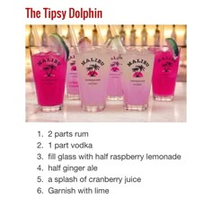 the tipsy dolphin cocktail recipe is shown in three glasses with pink liquid