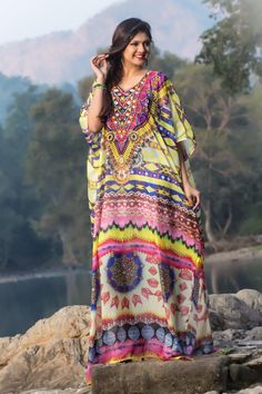 "ELEGANT , GORGEOUS & BEAUTIFUL ONE SIZE FIT ALL Beautiful hand embroider kaftans made with Rich quality of fabric & hand crafted by Skilled craftsmen. Fabric :- 100% Silk NATURE OF SILK One size. Fits size small to 6XL. Regular kaftan length is 60\" ( 153 cm ). (shorter kaftan length is possible Please let us know via email or put buyer note after purchase) Quality: Excellent (Best Quality On Our Stock) Absolutely Perfect for any Occasion... Be it a Relaxing Evening Entertaining Family/ Bollywood Style Dabka Embellished Tunic Kaftan, Embellished Kaftan With Kimono Sleeves For Eid, Eid Embellished Kaftan With Kimono Sleeves, Bollywood Style Dresses With Kimono Sleeves, Spring Kaftan With Embellished Kimono Sleeves, Festive Bohemian Kaftan With Dabka Detailing, Spring Embellished Kaftan With Kimono Sleeves, Festive Bohemian Kaftan With Dabka, Embellished Tunic Kurta For Summer