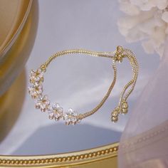 14K Gold Filled Cubic Zirconia Adjustable Flower Bracelet Wedding, Gold Flower Bracelet, Bridesmaid Bracelet, Casual Sport, Gold Bracelet Chain, Gold Plated Bracelets, Hand Jewelry, Casual Sport Shoes, Gold Flower