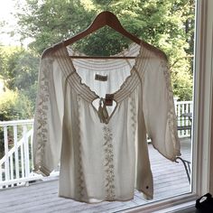 Abercrombie & Fitch Cream Sheer Blouse. 3/4 Length Sleeves. New With Tags. Size Small Bohemian Spring Tops With 3/4 Sleeves, Flowy Half Sleeve Blouse For Spring, Fitted Half Sleeve Beach Tops, Half Sleeve Blouse For Daywear, Spring, Spring Peasant Top With 3/4 Sleeves, Summer Peasant Top With 3/4 Sleeves, Peasant Style 3/4 Sleeve Spring Tops, Peasant Style 3/4 Sleeve Summer Top, Peasant Style 3/4 Sleeve Tops For Spring