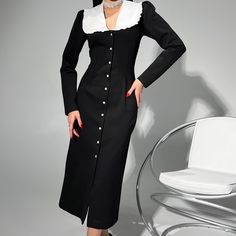 "Black midi dress with a contrasting white collar will highlight your gorgeous look!  The long-sleeved dress is made of thick jersey and fastens with buttons at the front.  You can wear our dress anywhere: office, school, party or romantic date, etc.     DETAILS  - black  - white collar  - thick jersey  - midi  - long sleeve  - buttons at front  - stylish SIZES  This dress is available in 4  sizes XS, S, M, L   Back length 46\"/ 117 cm  Sleeve length 24\"/ 61 cm BUST 33 inches or 84 cm WAIST 24 Elegant Fitted Midi Dress With Doll Collar, Elegant Spring Midi Dress For Costume Party, Fitted Dresses With Peter Pan Collar, Formal Fall Dress With Doll Collar, Elegant Vintage Dress With Doll Collar For Party, White Collared Party Dress, Classic Fitted Dress With Peter Pan Collar, White Collared Dress For Party, Fitted Dress With Lace Collar For Fall