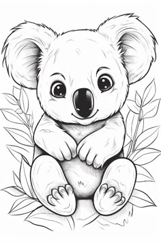 a koala bear sitting on top of some leaves and looking at the camera with big eyes