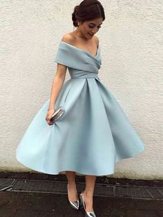 Bridelily A-Line Sleeveless Off-the-Shoulder Satin With Ruffles Tea-Length Dresses - Prom Dresses Vintage Homecoming Dresses, Knee Length Prom Dress, Pleated Satin Dress, Dresses 1950s, A Line Cocktail Dress, Cheap Homecoming Dresses, Elegant Prom, Marine Uniform, 파티 드레스