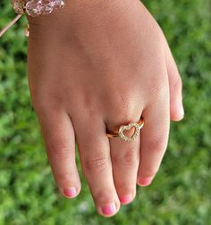 14K Gold Plated For reference: Model is 5 years old wearing a size 4 Gold Ring, Heart Ring, Gold Rings, Gold Plate, Size 4, Plating, Ring, Gold, How To Wear