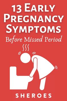 a red poster with the words 13 early pregnancy sympts before missed period, and an image of a woman bent over a bed