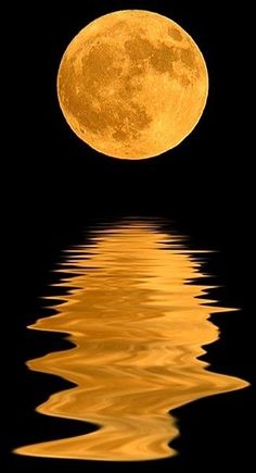 a full moon is reflected in the water with its reflection on it's surface