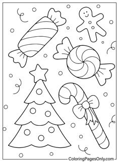 a christmas coloring page with candy canes and candies in the shape of trees