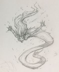 a pencil drawing of a dragon flying through the air with its tail curled up and eyes closed