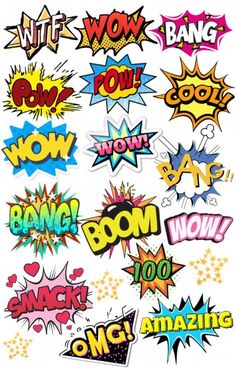 comic book style stickers are shown in various colors and shapes, including the word wow