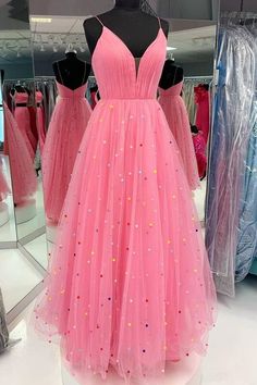 Princess A-line Hot Pink Tulle Long Prom Dress Pink Long Prom Dress, Colorful Pearls, Tulle Long Prom Dress, Prom Dresses Long Pink, Pink Prom, Pink Tulle, Linnet, Stretch Satin, Long Prom Dress