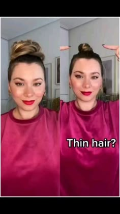 @liliaonoyko How To Wear Hair Up Simple, Simple Updos For Thinner Hair, Small Bun Hairstyles Top Knot, Loose Top Bun, Bun How To Long Hair, High Bun Short Hair Top Knot, Bun For Fine Hair Easy, High Bun Hack, Quick Easy Work Hairstyles For Long Hair