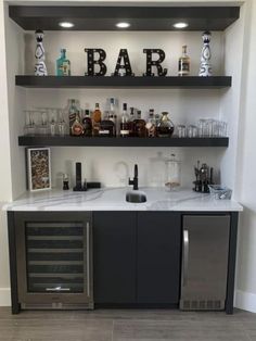 Dry Bar With Floating Shelves, Wall Bar Ideas For Home, Bar Shelves Ideas, Wall Bar Ideas, Bar With Floating Shelves, Bar Wall Ideas, Bar Decorating Ideas, Wine Cupboard, Decorative Wall Shelves