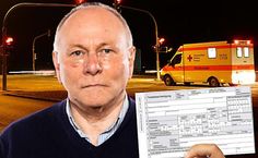 an older man holding up a medical form in front of him and the ambulance behind him