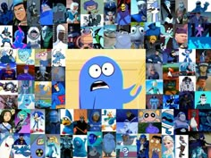 many different cartoon characters are grouped together in this collage, including one with an angry face